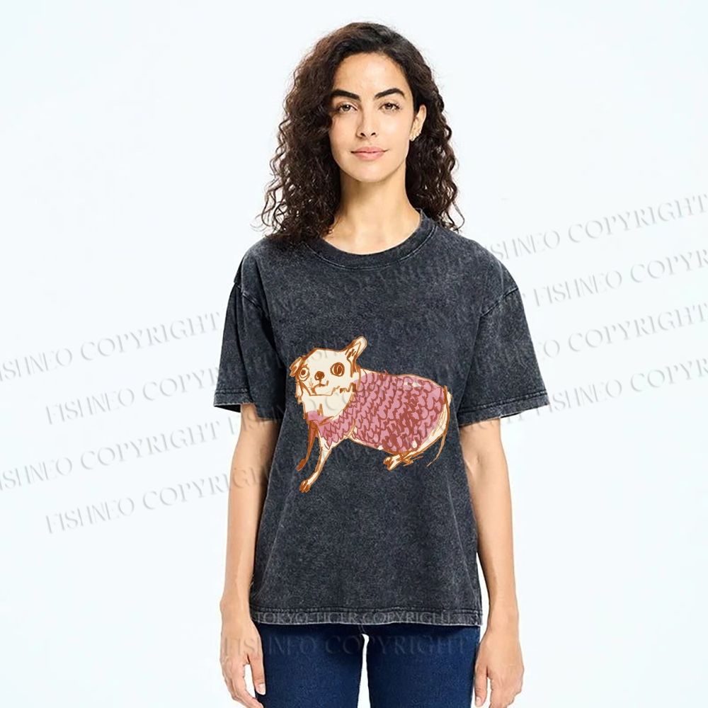 Unisex Sloppy hand-drawn Chihuahua Printed Washed Tee