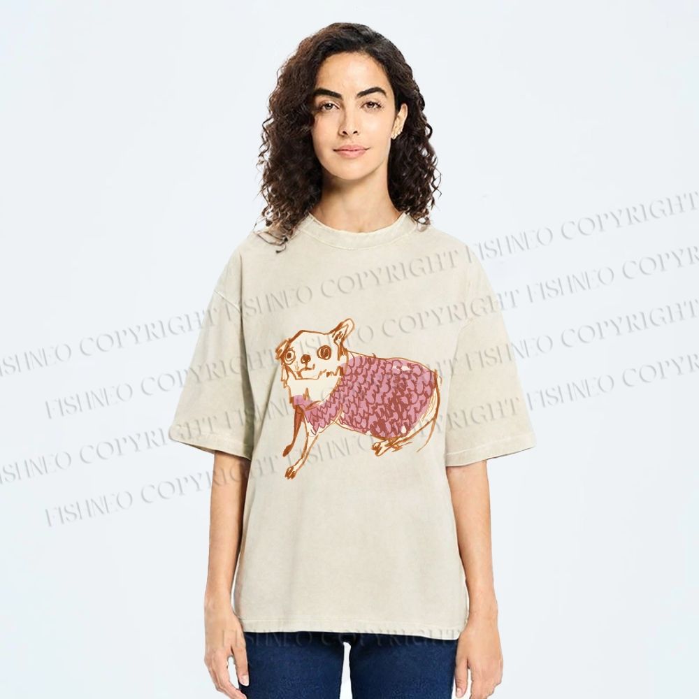 Unisex Sloppy hand-drawn Chihuahua Printed Washed Tee
