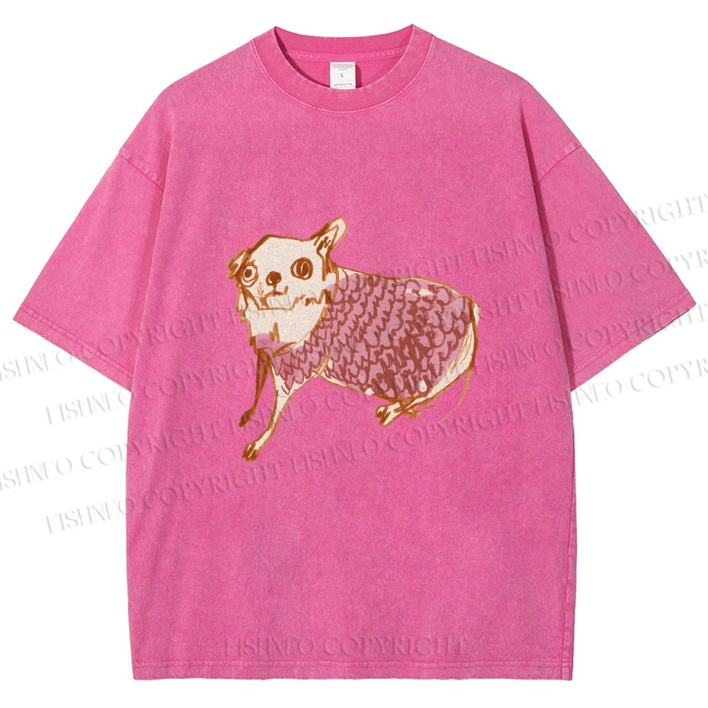 Unisex Sloppy hand-drawn Chihuahua Printed Washed Tee
