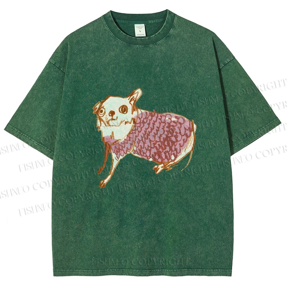 Unisex Sloppy hand-drawn Chihuahua Printed Washed Tee