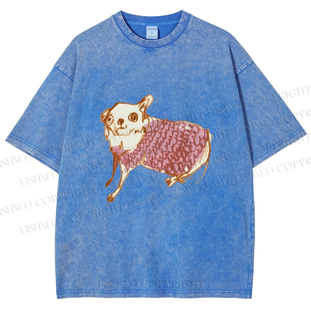 Unisex Sloppy hand-drawn Chihuahua Printed Washed Tee