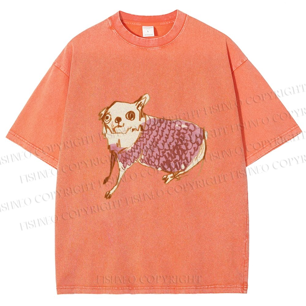 Unisex Sloppy hand-drawn Chihuahua Printed Washed Tee
