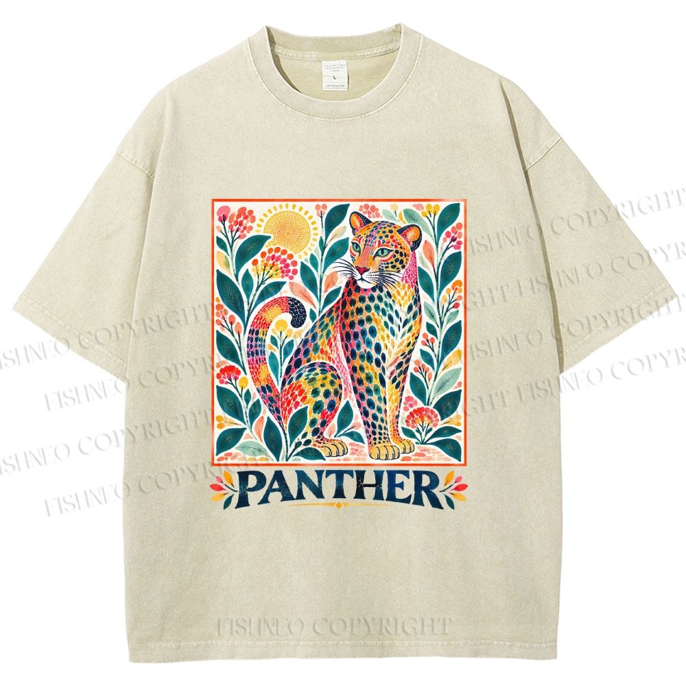 Unisex Multicolor Panther With Dots Printed Washed Tee