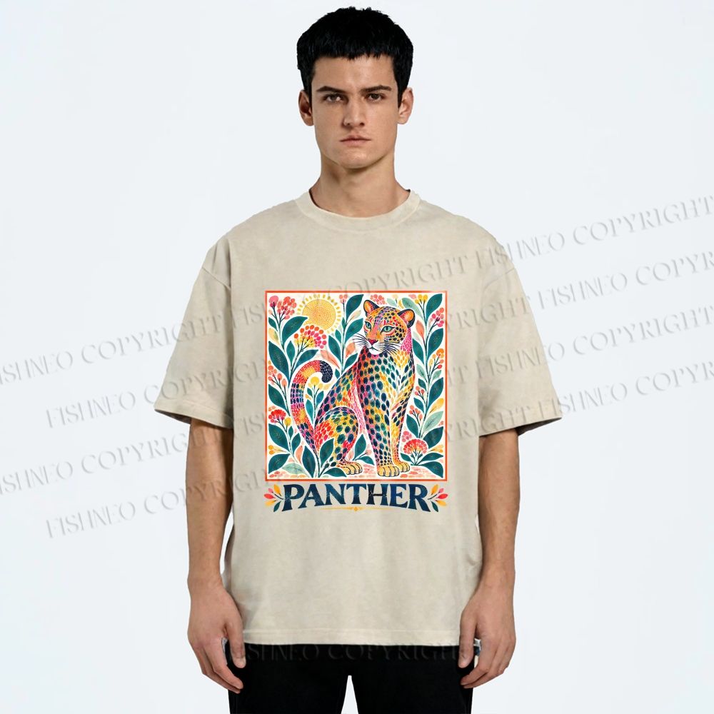 Unisex Multicolor Panther With Dots Printed Washed Tee