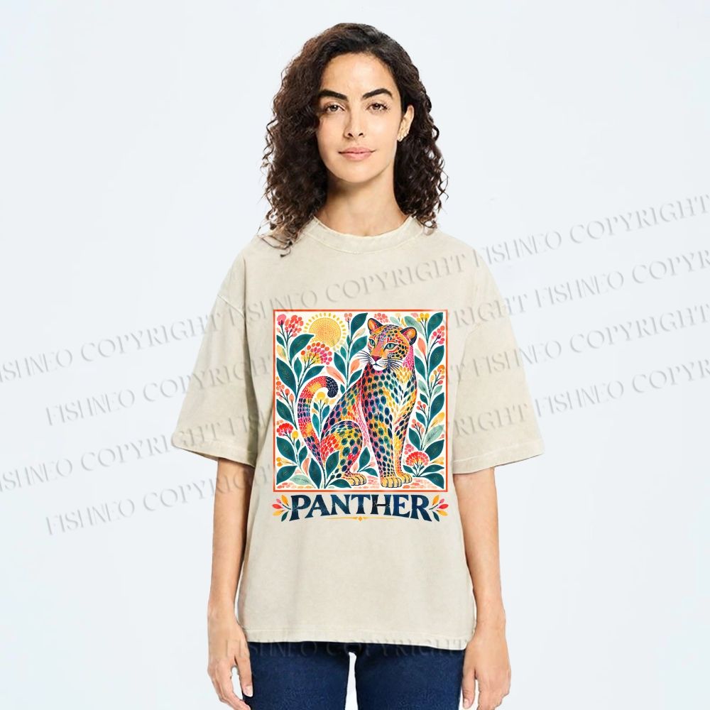 Unisex Multicolor Panther With Dots Printed Washed Tee