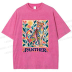 Unisex Multicolor Panther With Dots Printed Washed Tee