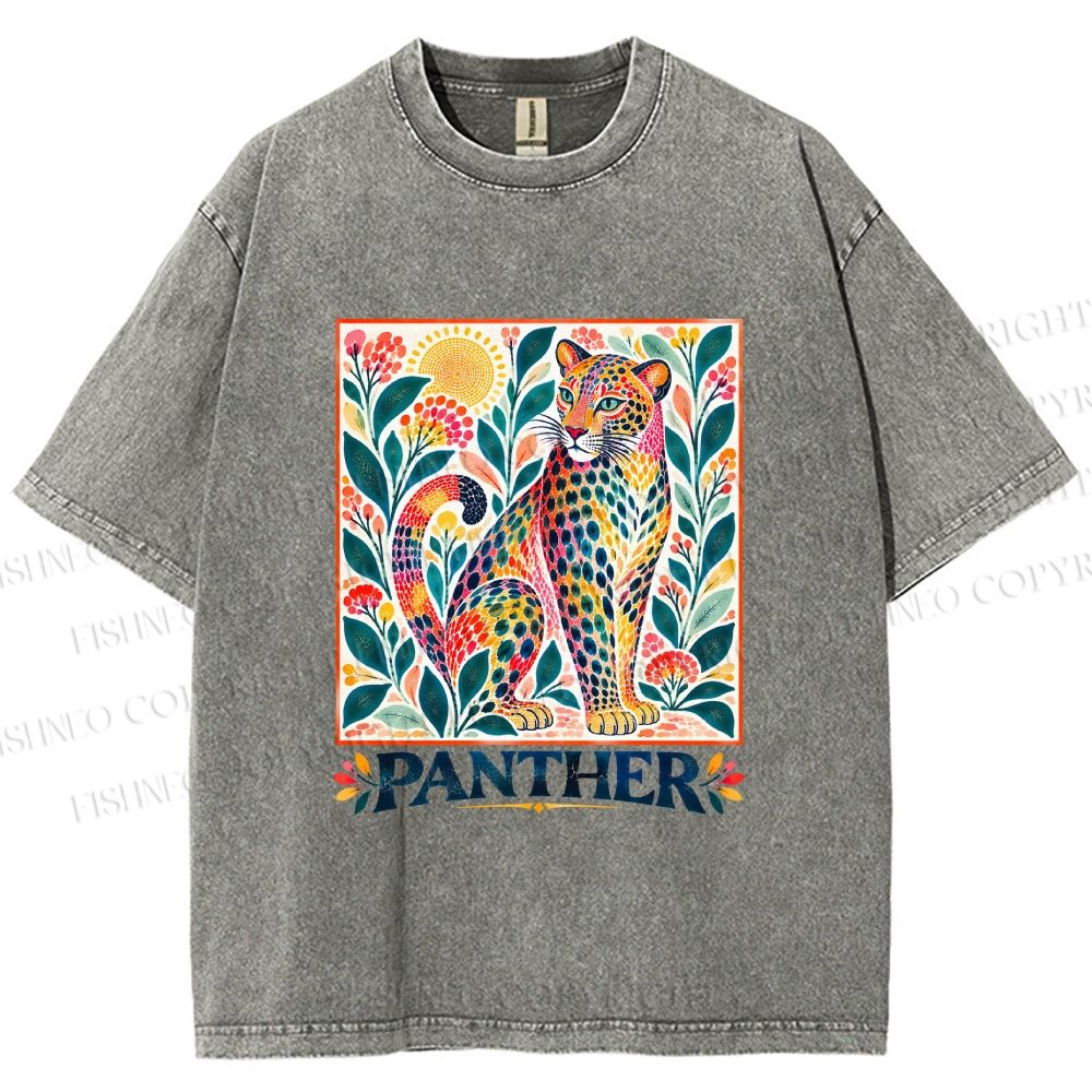 Unisex Multicolor Panther With Dots Printed Washed Tee