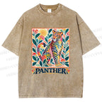 Unisex Multicolor Panther With Dots Printed Washed Tee