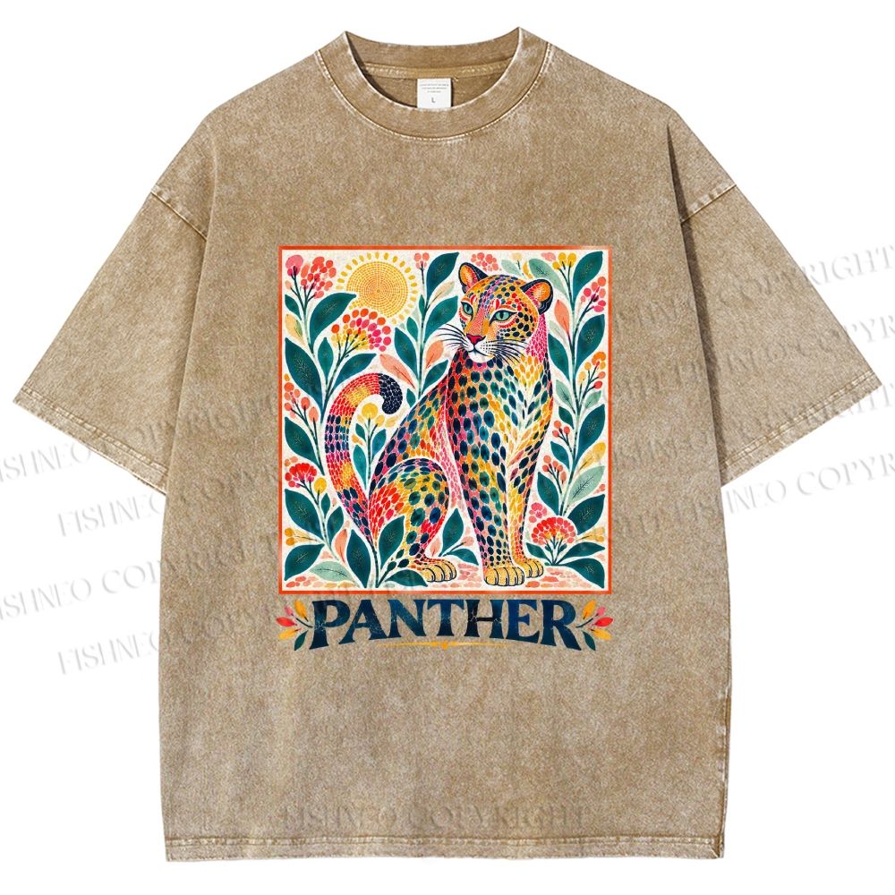 Unisex Multicolor Panther With Dots Printed Washed Tee