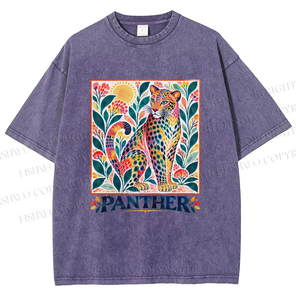 Unisex Multicolor Panther With Dots Printed Washed Tee