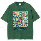 Unisex Multicolor Panther With Dots Printed Washed Tee