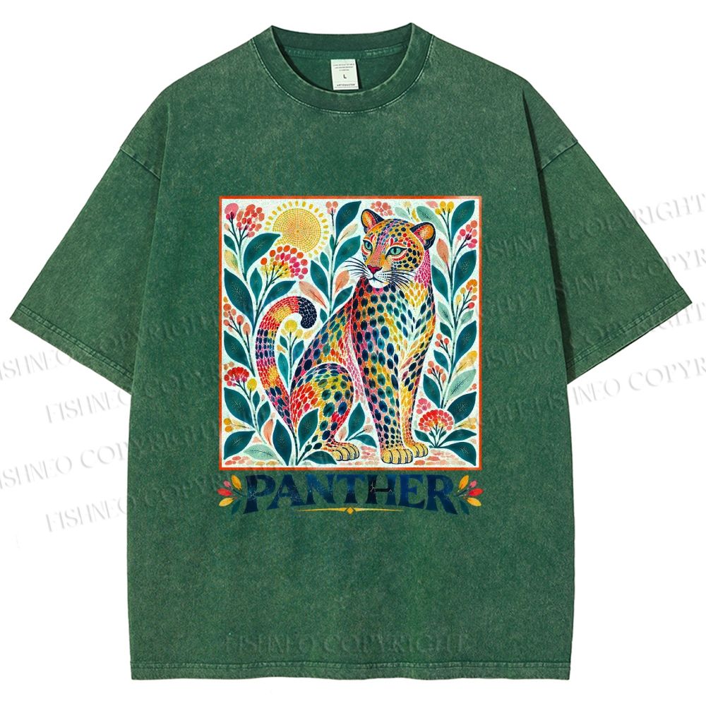 Unisex Multicolor Panther With Dots Printed Washed Tee