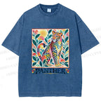 Unisex Multicolor Panther With Dots Printed Washed Tee