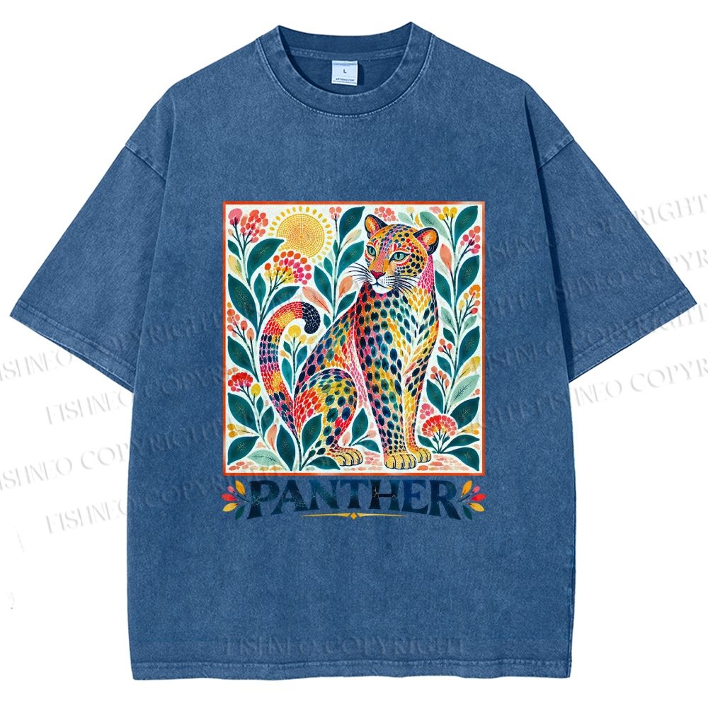 Unisex Multicolor Panther With Dots Printed Washed Tee