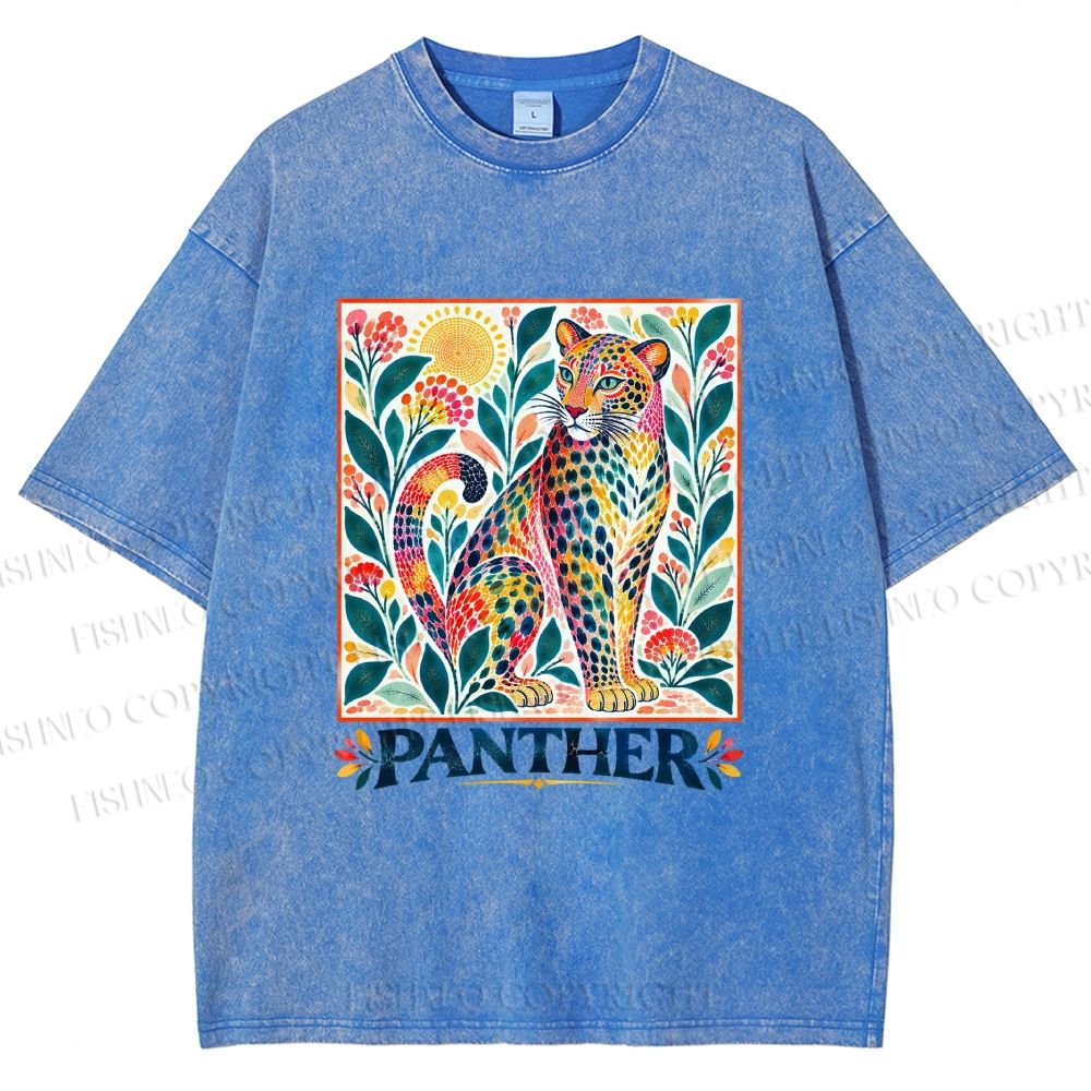 Unisex Multicolor Panther With Dots Printed Washed Tee