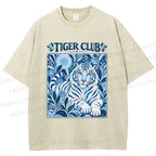 Unisex Tiger Club in Blue Printed Washed Tee