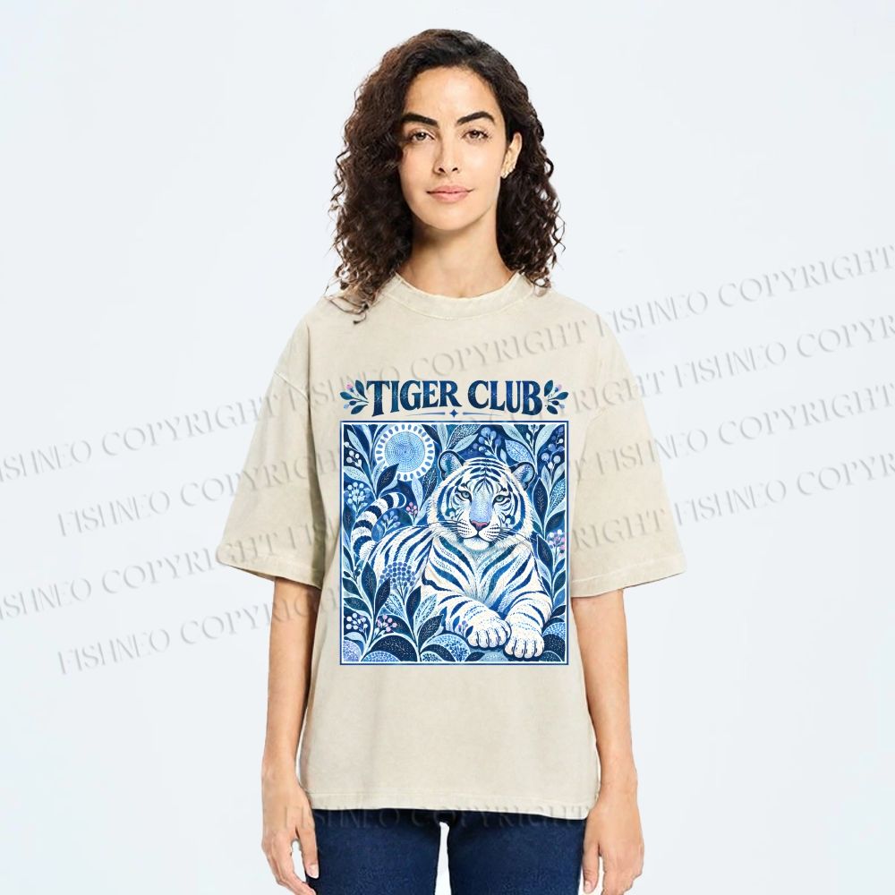 Unisex Tiger Club in Blue Printed Washed Tee