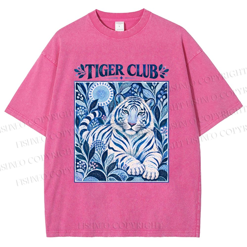 Unisex Tiger Club in Blue Printed Washed Tee
