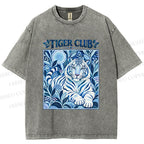 Unisex Tiger Club in Blue Printed Washed Tee