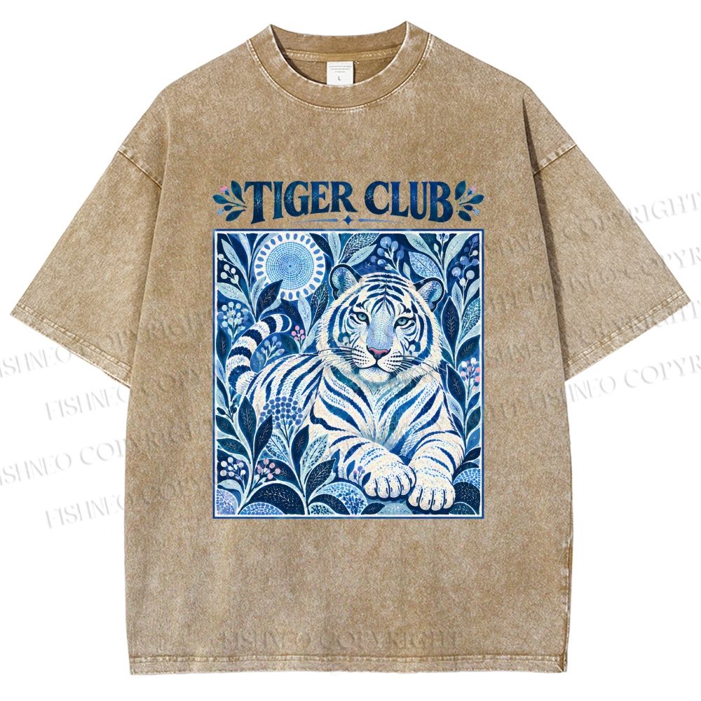 Unisex Tiger Club in Blue Printed Washed Tee