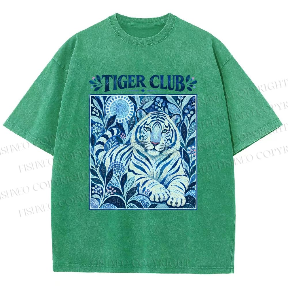 Unisex Tiger Club in Blue Printed Washed Tee