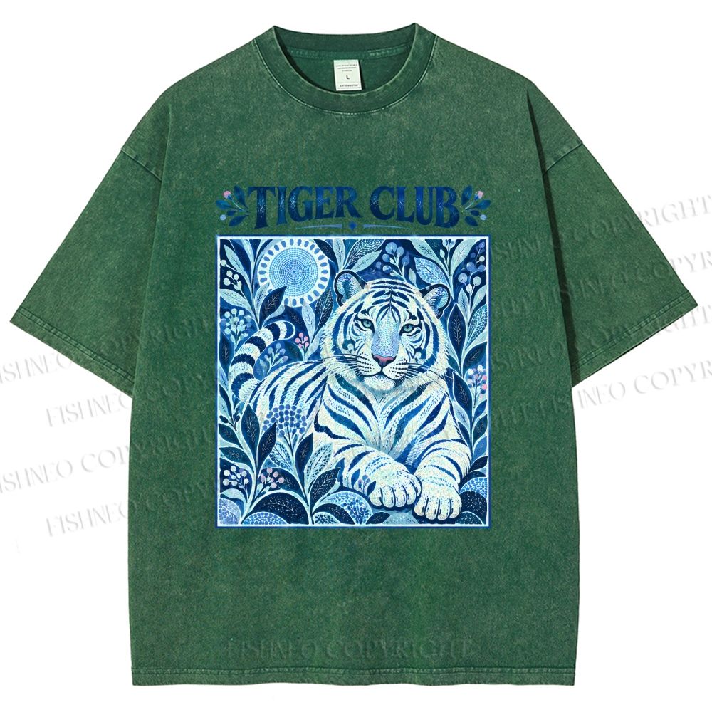 Unisex Tiger Club in Blue Printed Washed Tee
