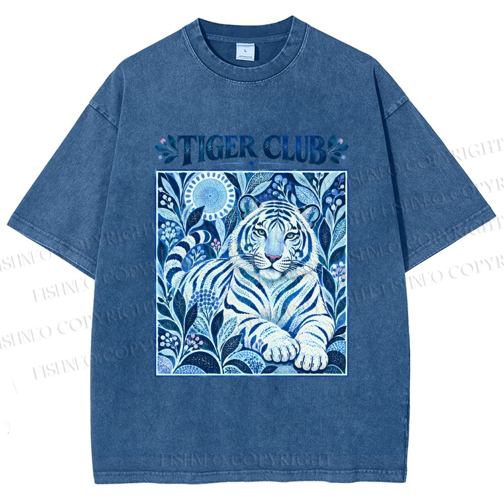 Unisex Tiger Club in Blue Printed Washed Tee