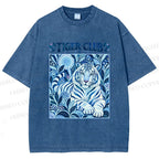 Unisex Tiger Club in Blue Printed Washed Tee