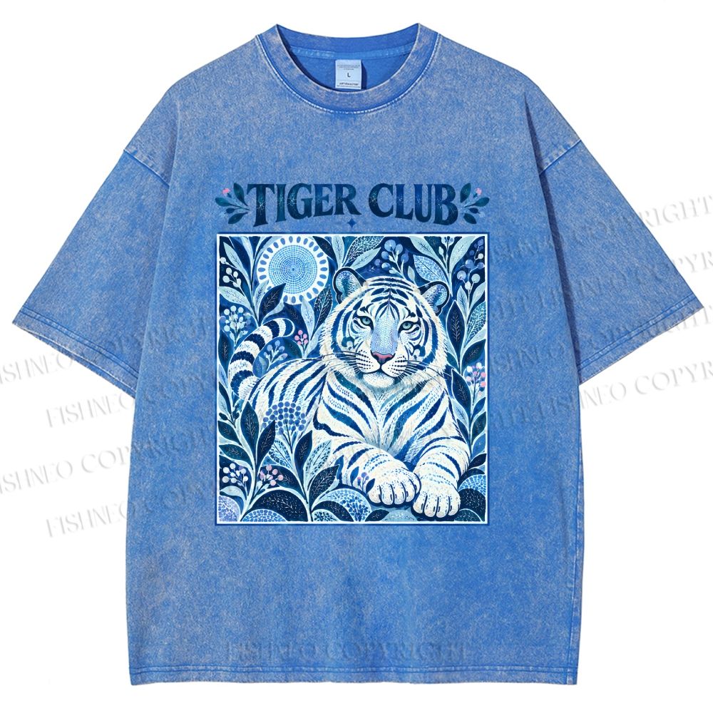 Unisex Tiger Club in Blue Printed Washed Tee