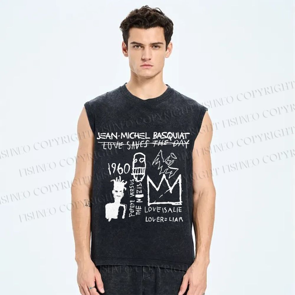Unisex Jean-Michel Basquiat Graffiti Printed Washed Tank Top