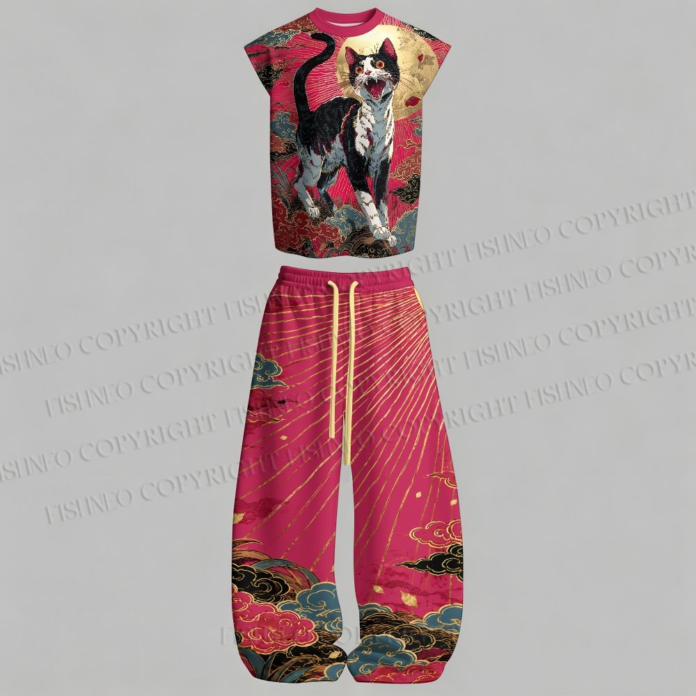 Screaming Cat Ukiyo-e Men's Sleeveless Tank Top & Elasticated Trousers pants Two-Piece Streetwear Set