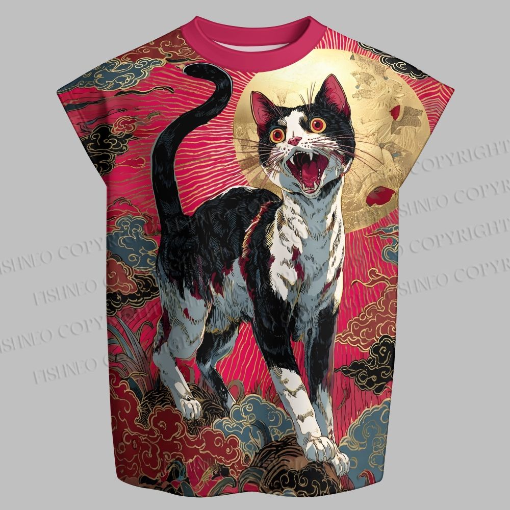 Screaming Cat Ukiyo-e Men's Sleeveless Tank Top & Elasticated Trousers pants Two-Piece Streetwear Set