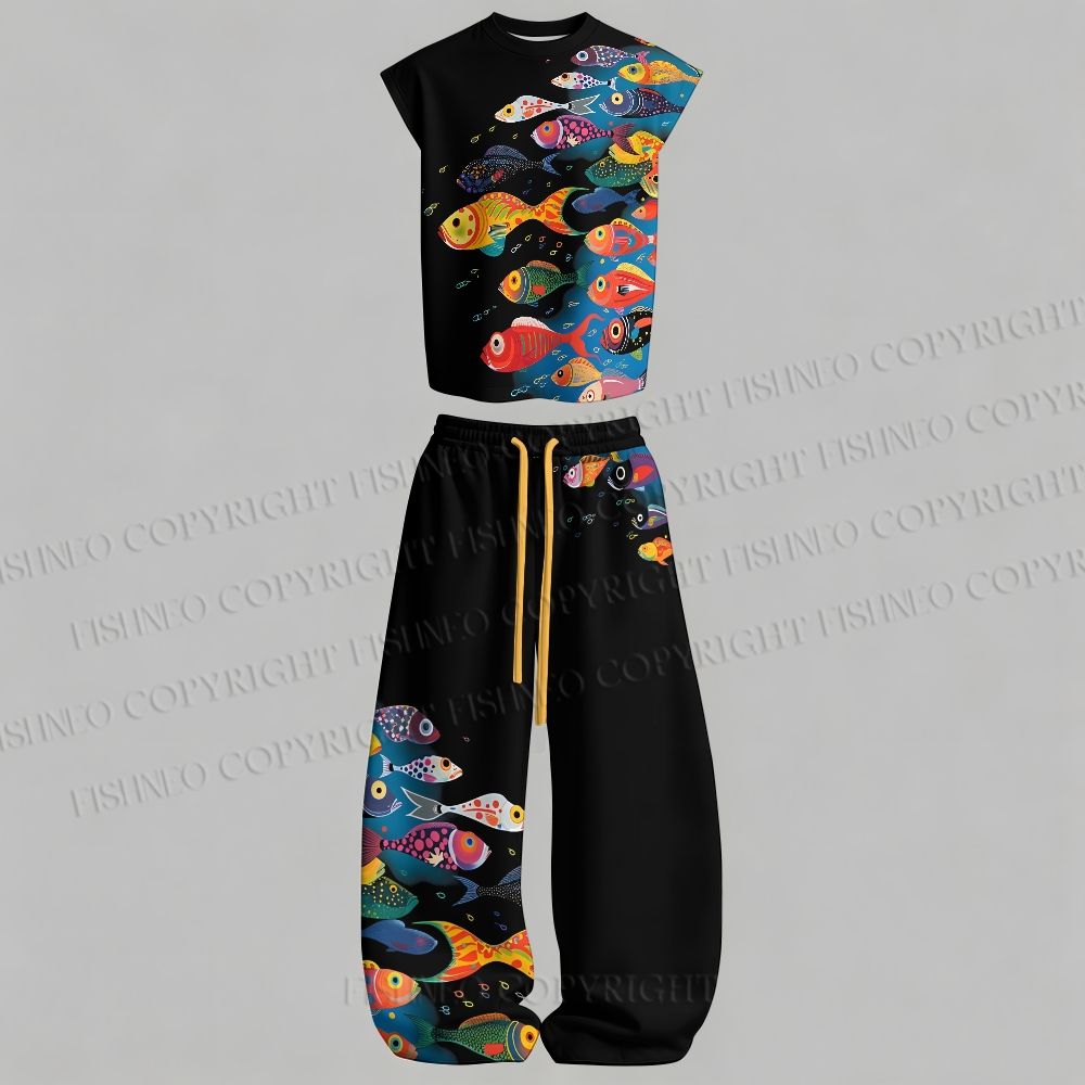 Multicolor Fish Men's Sleeveless Tank Top & Elasticated Trousers pants Two-Piece Streetwear Set