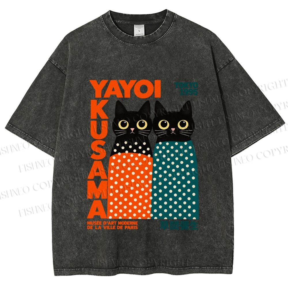 Unisex Yayoi Kusama Cat Printed Washed Tee