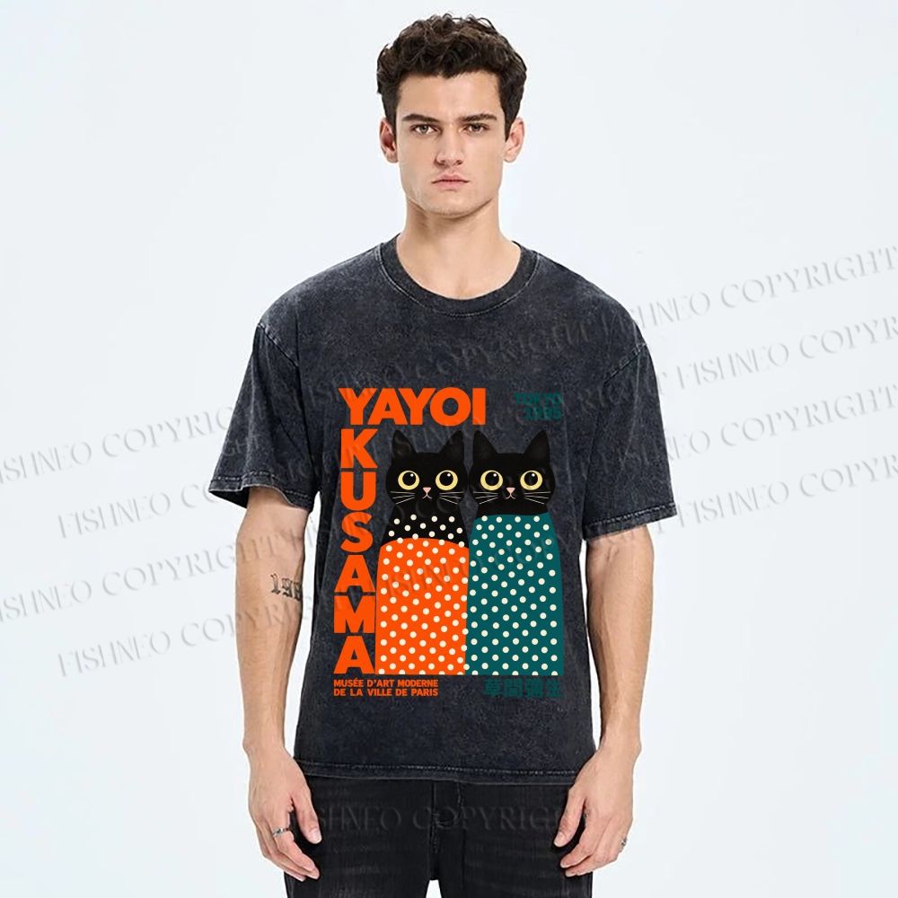 Unisex Yayoi Kusama Cat Printed Washed Tee
