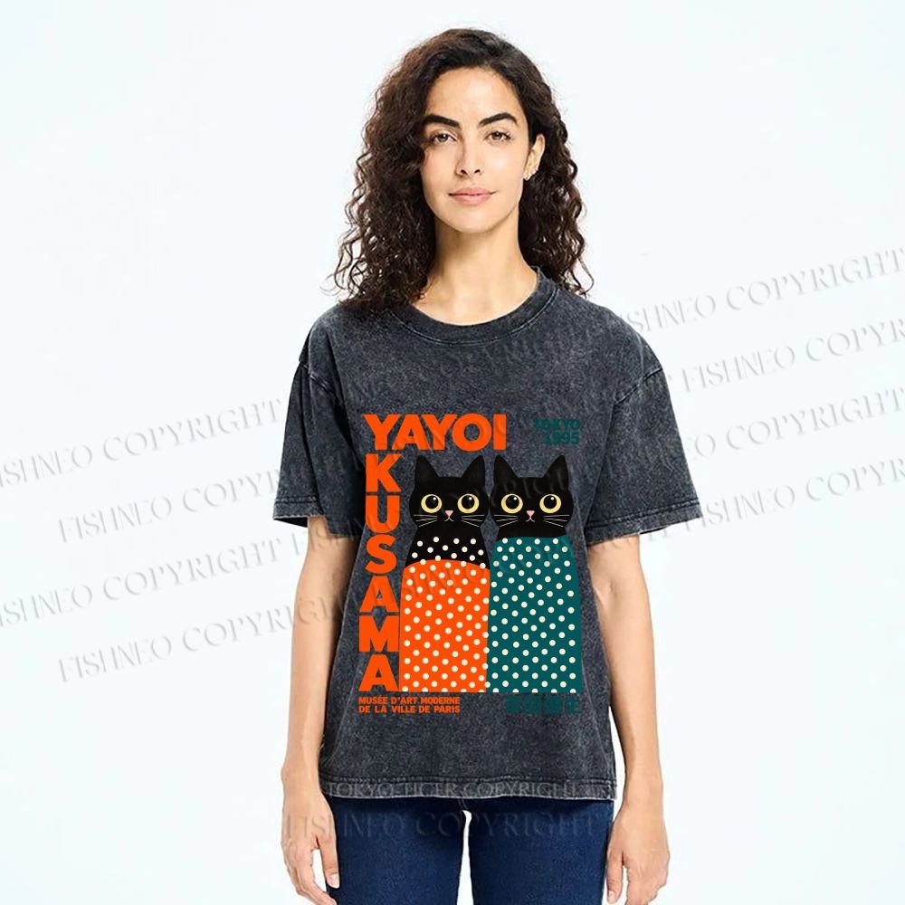 Unisex Yayoi Kusama Cat Printed Washed Tee