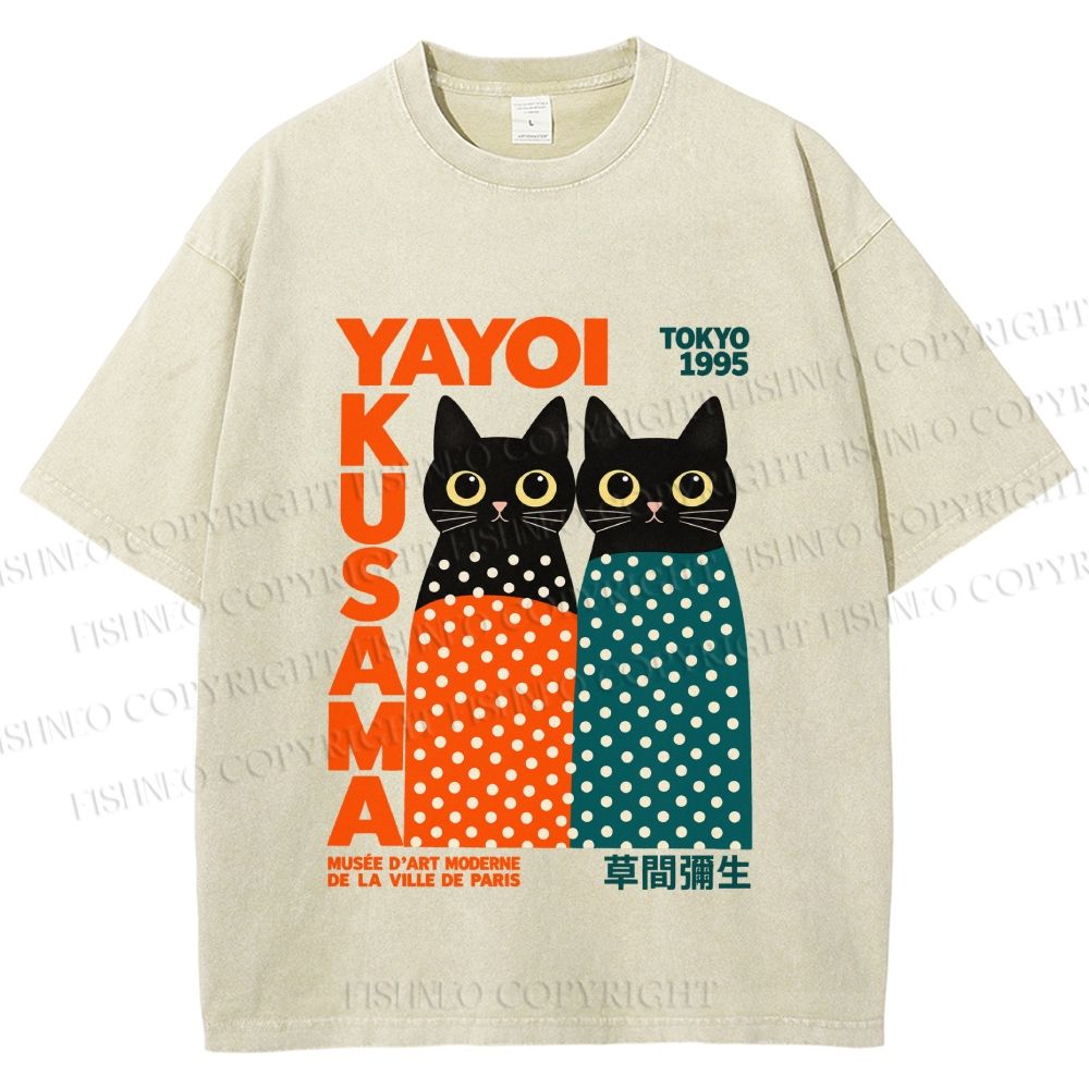 Unisex Yayoi Kusama Cat Printed Washed Tee