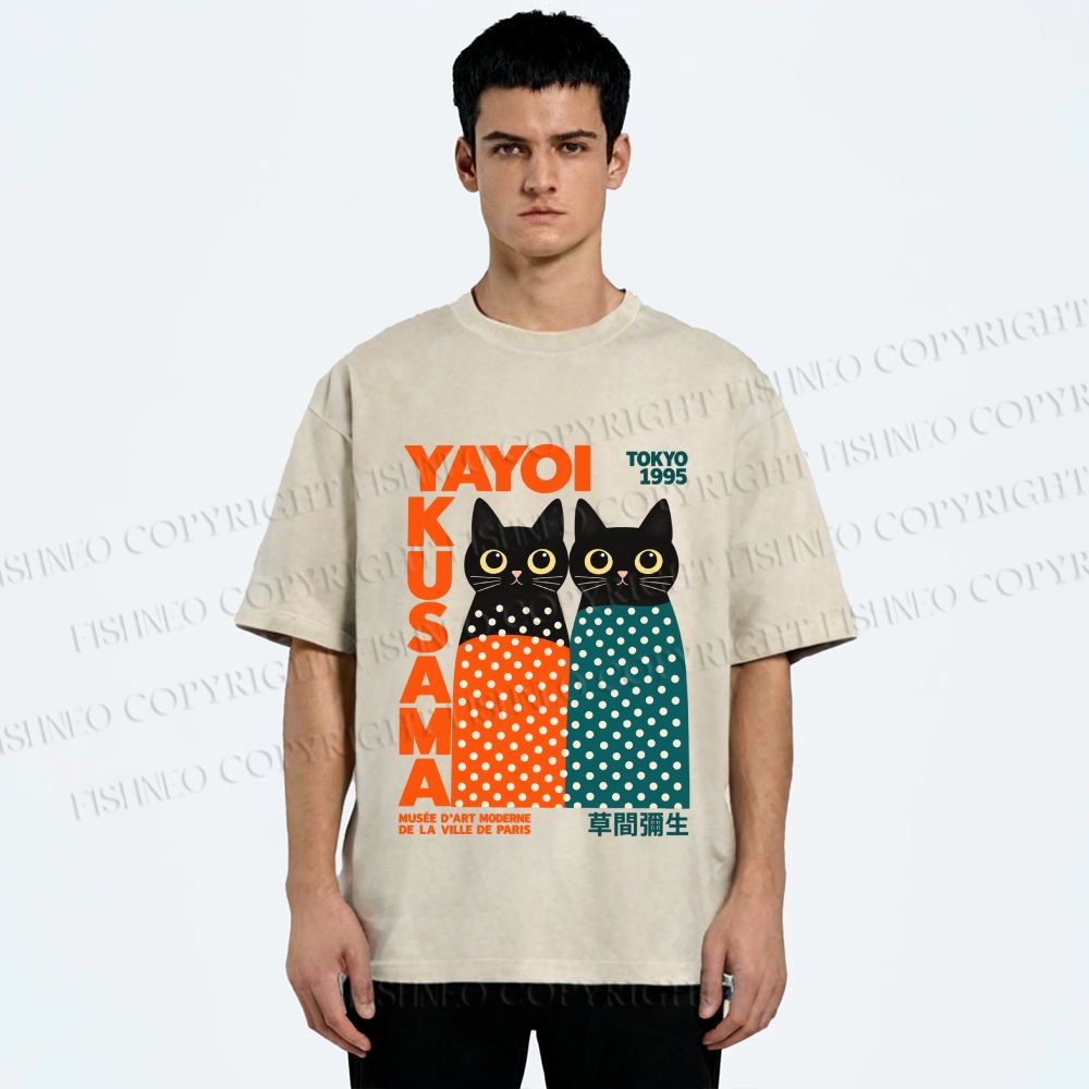 Unisex Yayoi Kusama Cat Printed Washed Tee