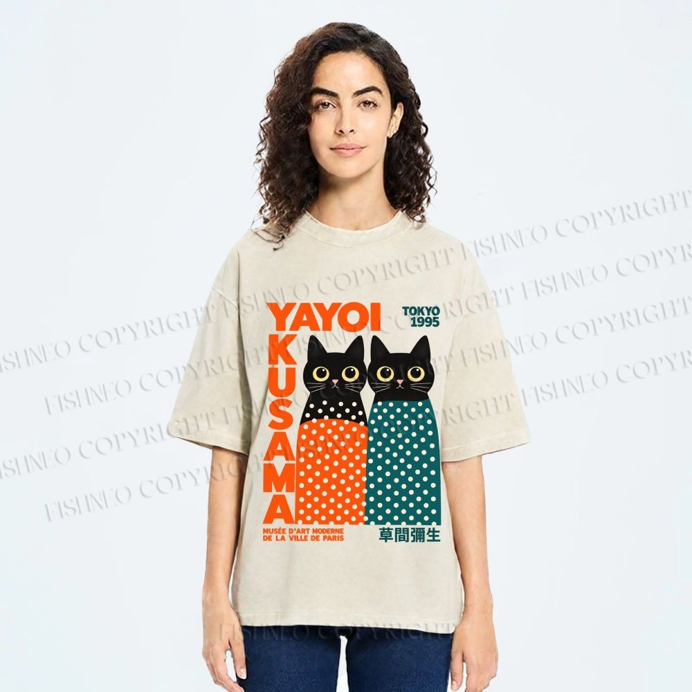 Unisex Yayoi Kusama Cat Printed Washed Tee