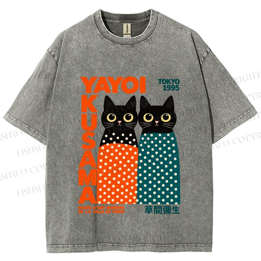 Unisex Yayoi Kusama Cat Printed Washed Tee