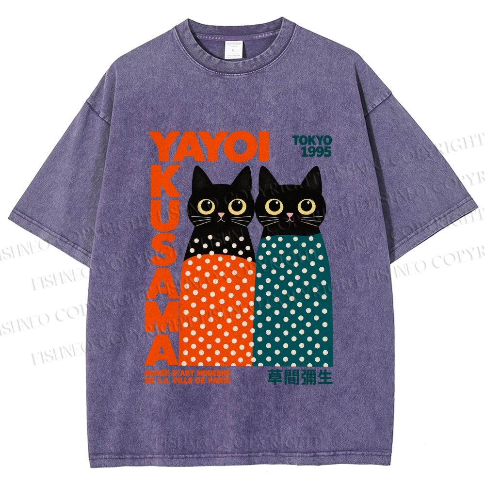 Unisex Yayoi Kusama Cat Printed Washed Tee