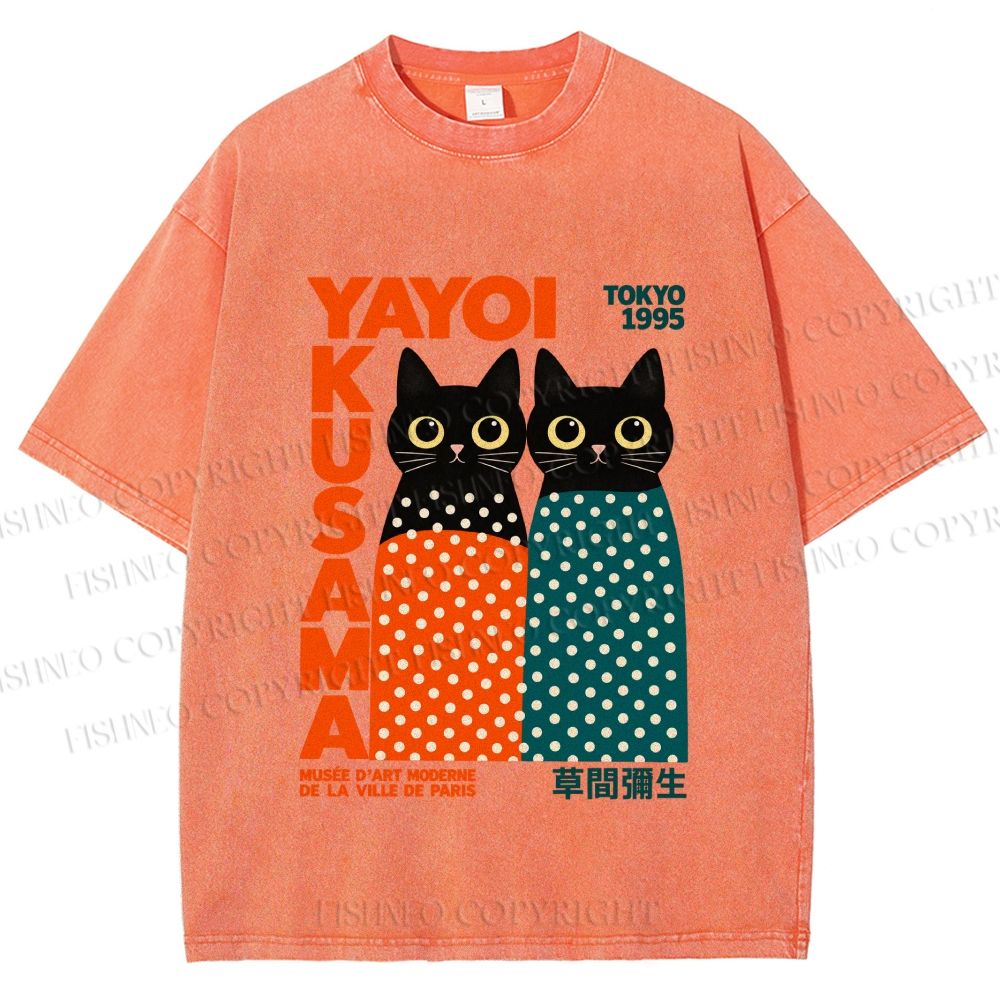 Unisex Yayoi Kusama Cat Printed Washed Tee