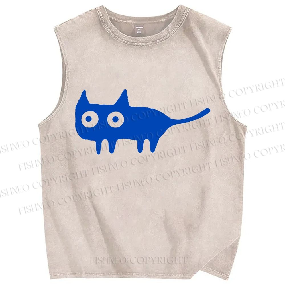 Unisex Cat Printed Washed Tank Top
