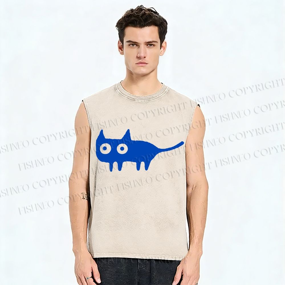 Unisex Cat Printed Washed Tank Top