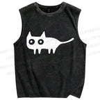 Unisex Cat Printed Washed Tank Top