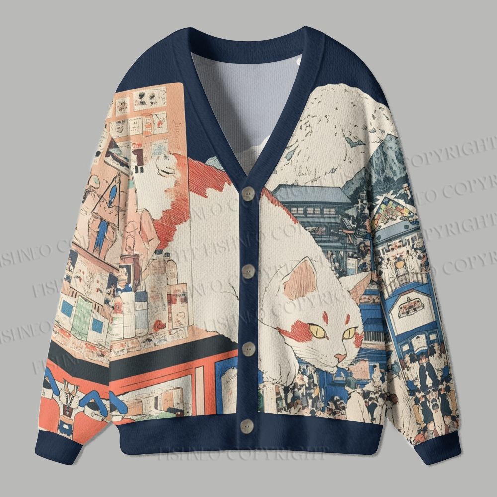 Japanese Ukiyo-e Giant Cat Ugly Cardigan Sweater