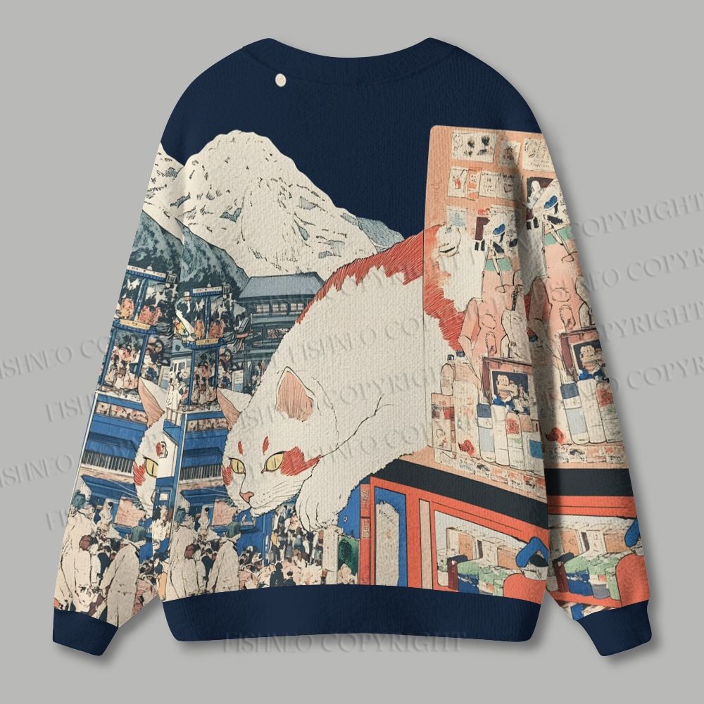 Japanese Ukiyo-e Giant Cat Ugly Cardigan Sweater