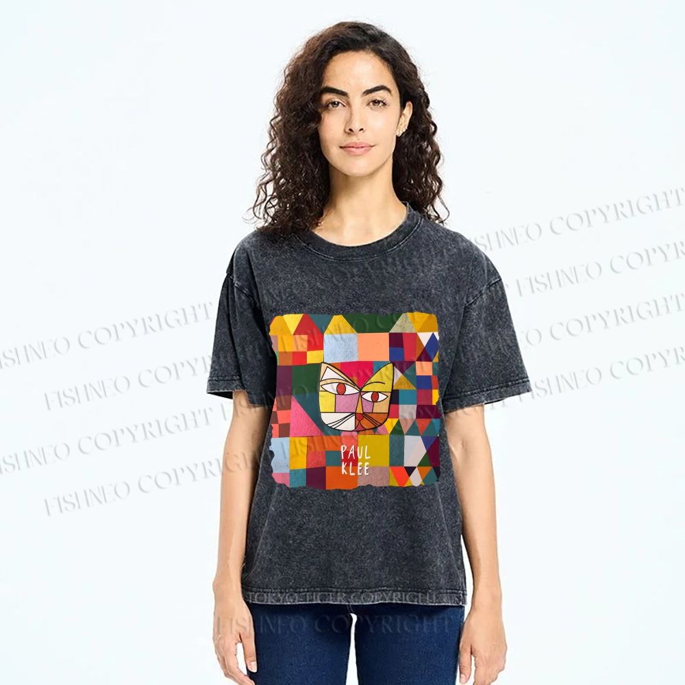 Unisex Paul Klee Geometric Cat Printed Washed Tee