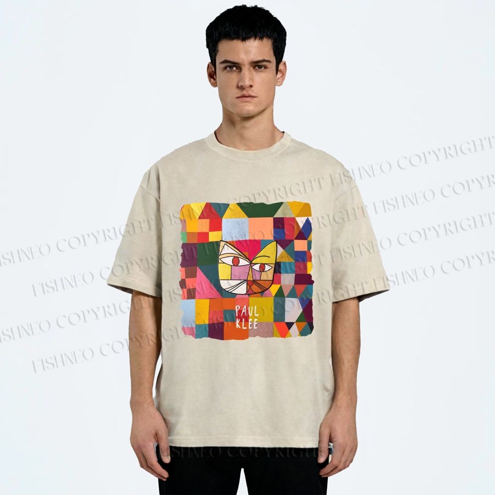 Unisex Paul Klee Geometric Cat Printed Washed Tee
