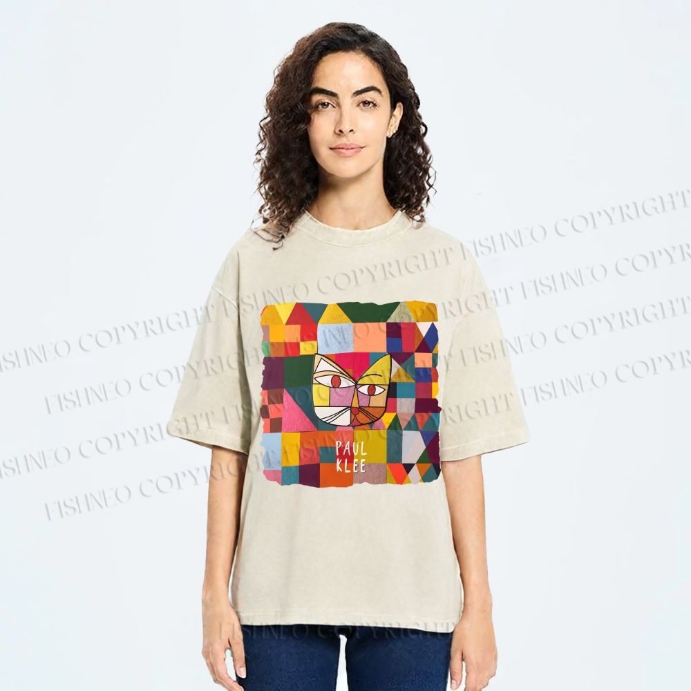 Unisex Paul Klee Geometric Cat Printed Washed Tee